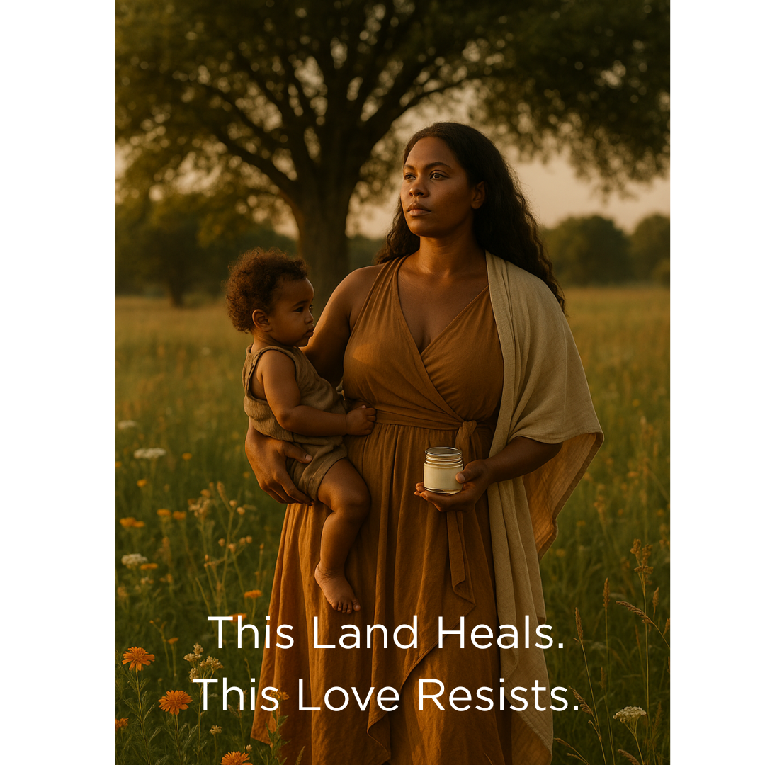 Woman holding a child in a field with text overlay 'This Land Heals. This Love Resists.'